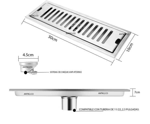 Rejilla rectangular 30x10cm Ranurada Acero Inoxidable.