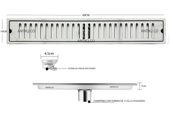 Rejilla rectangular 60x10cm Ranurada Acero Inoxidable.