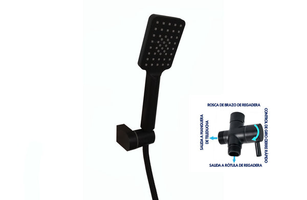 Ducha telefono Negra Doble Funcion + Manguera, Soporte y Desviador
