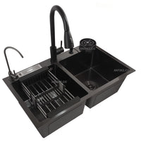 Set Lavaplatos Negro Satin Doble 75x45cm Acero 304 Resistente  A Rayones