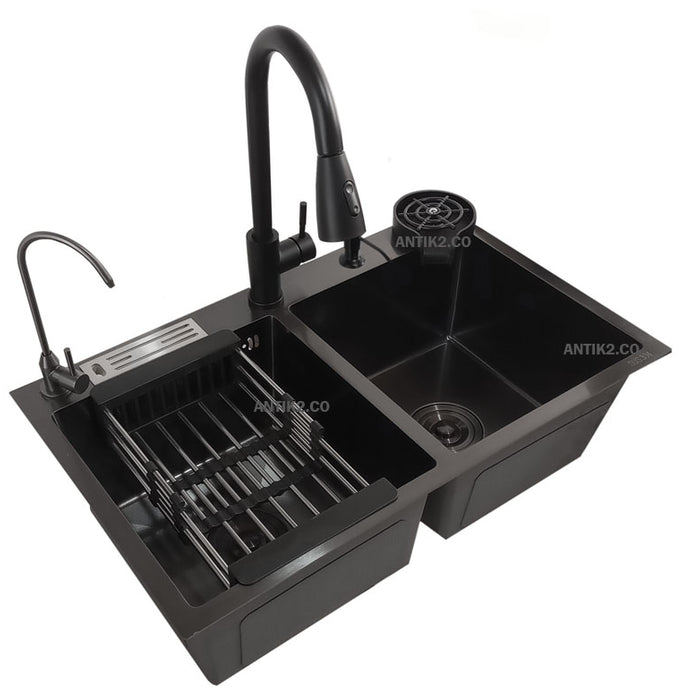 Set Lavaplatos Negro Satin Doble 75x45cm Acero 304 Resistente  A Rayones