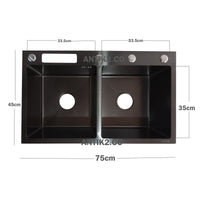 Set Lavaplatos Negro Satin Doble 75x45cm Acero 304 Resistente  A Rayones