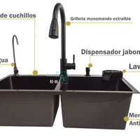 Set Lavaplatos Negro Satin Doble 75x45cm Acero 304 Resistente  A Rayones