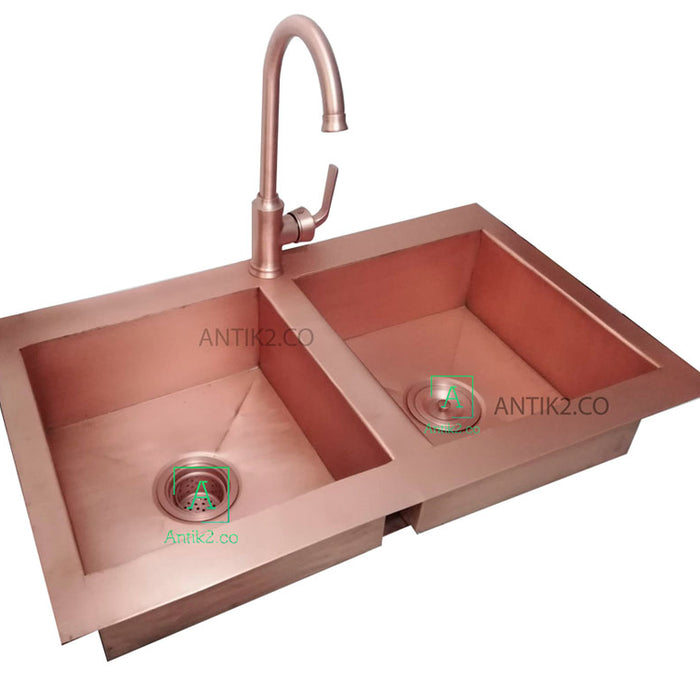 Lavaplatos Doble poceta Cobre 75x45x20cm + Griferia, Desgues y Sifon