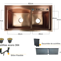 Lavaplatos Doble Poceta Acero  304 82x45cm Oro Rosa Mate