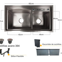Lavaplatos Doble Poceta Acero Inoxidable 304 82 x 45 cm