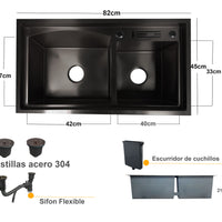 Lavaplatos Doble Poceta Acero Inoxidable  304 82x45cm Gris peltre