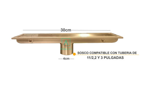 Rejilla Piso Rectangular Dorado Cepillado  30cm x 10cm Acero 304