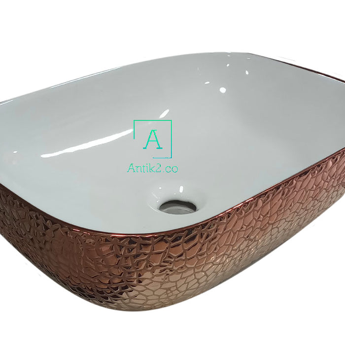Lavamanos Luxor Rectangular 32x46cm Blanco-Oro Rosa.