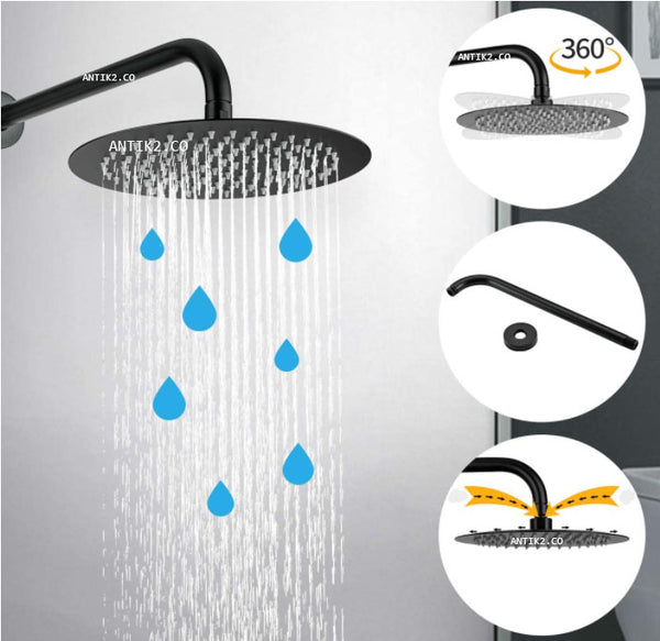Ducha redonda 30cm negra + Tubo 40cm Acero 304
