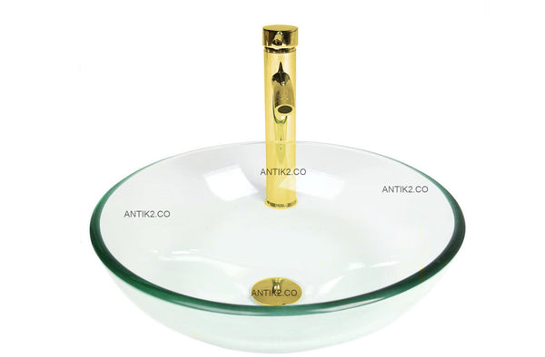 Set lavamanos 38cm Transparente + Grifería Dorada