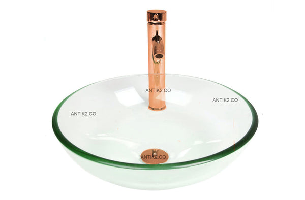 Set lavamanos 38cm Transparente + Grifería Oro rosa